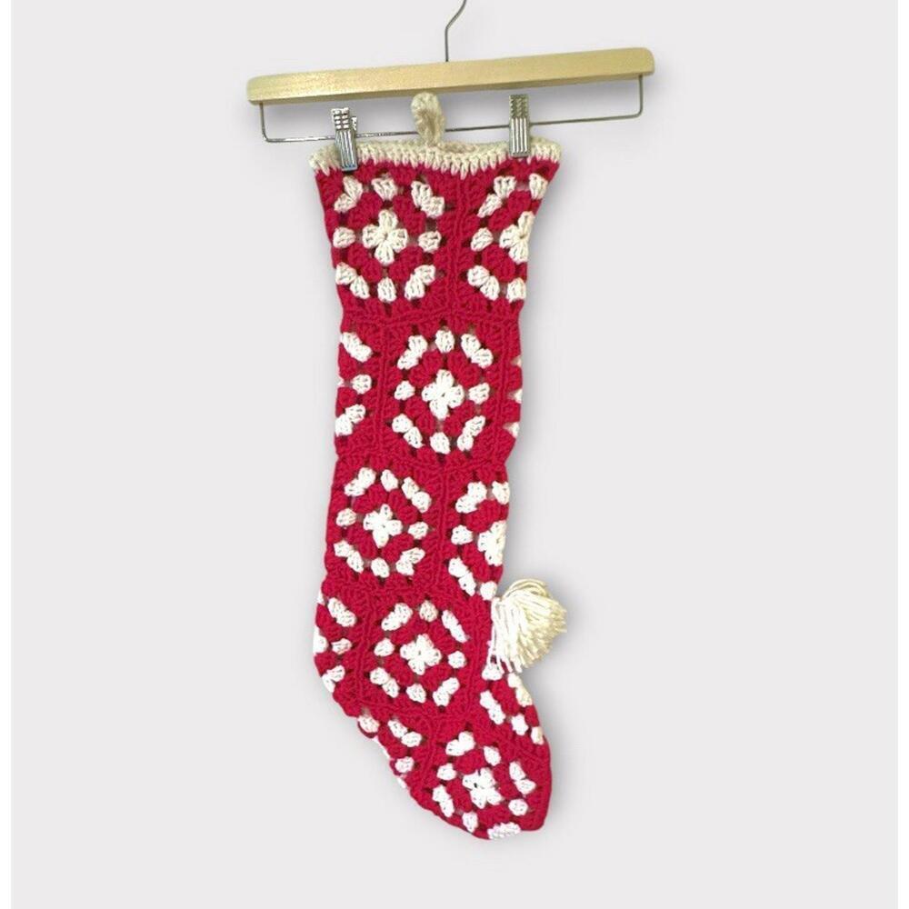 Handmade Crochet Christmas Stocking Granny Square Style Red White Pompom Bell - Picture 2 of 7